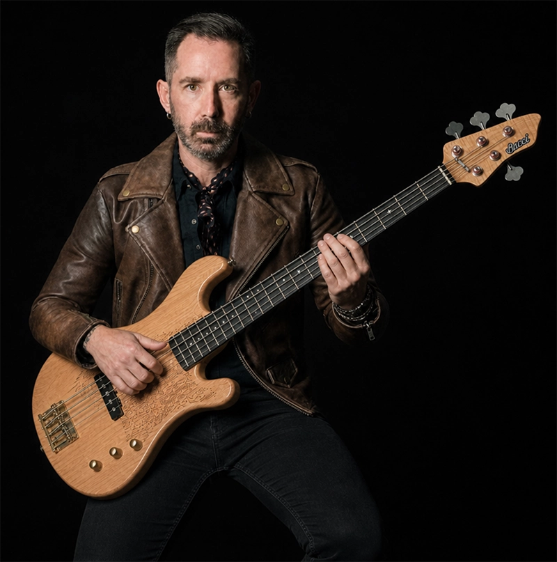 Derek Frank with his custom Bacci bass